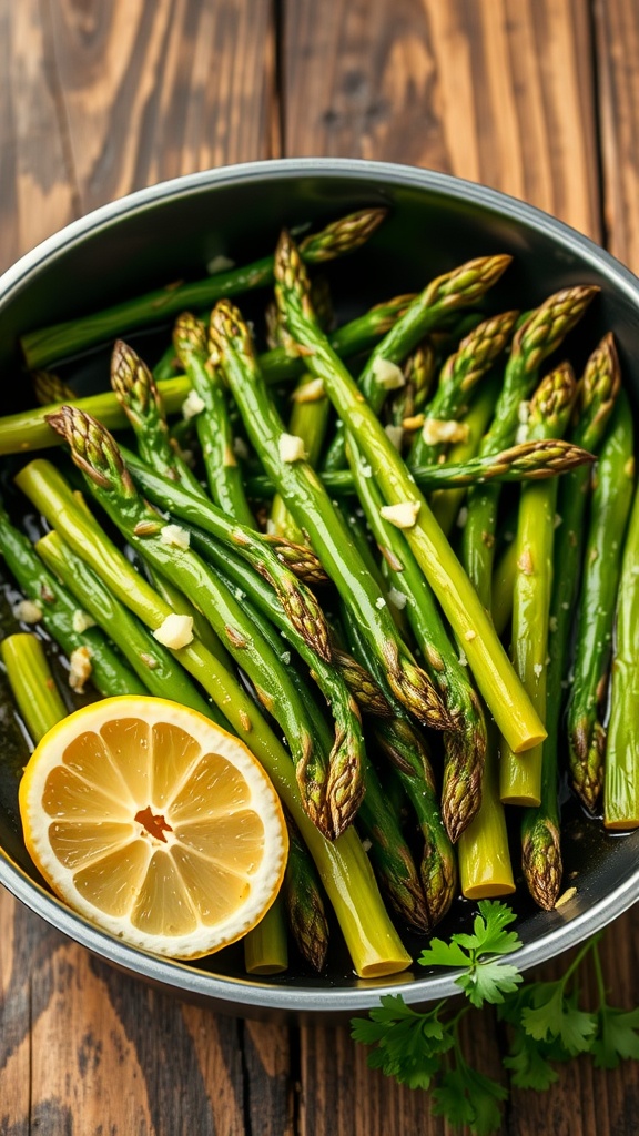 A skillet of sautéed asparagus, garnished with garlic and lemon, on a rustic wooden table.